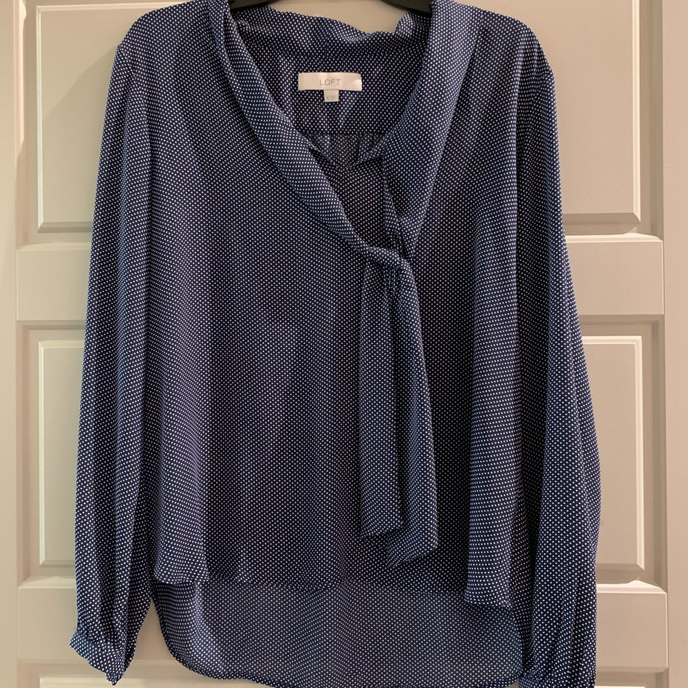 Navy blue with white polka dot blouse